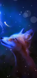 A fox curiously gazes at a glowing jellyfish in a dark blue mystical forest.