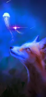 A mystical fox gazes at a glowing jellyfish in a night scene.