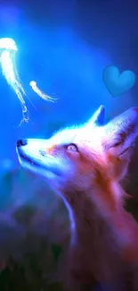 Fox looking at glowing jellyfish in mystical night setting.