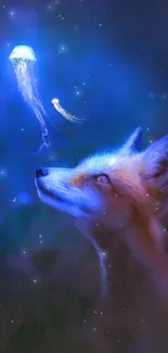 Fox and glowing jellyfish in a mystical night wallpaper.