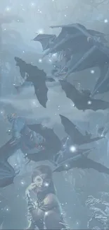 Icy fantasy wallpaper with flying dragons.