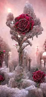 Frosted roses in an icy, mystical landscape wallpaper.