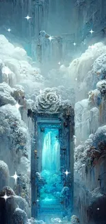 Mystical frozen cavern with icy doorway and snow-covered landscape.