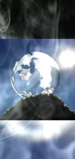 Mystical frozen ice globe against a vibrant blue sky in sunlight.