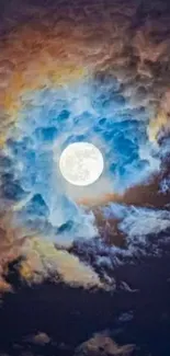 Full moon illuminating vibrant clouds against a night sky.