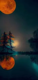 Orange moon reflecting over a calm lake at night with silhouetted trees.