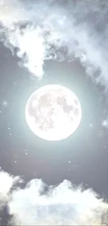 A mystical full moon surrounded by clouds in a serene night sky.