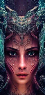 Futuristic mystical face artwork with intricate design and aqua blue hues.