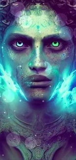 Futuristic mystical face art wallpaper with vibrant neon hues.