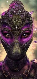 Mystical futuristic warrior with intricate purple armor and cosmic background.