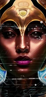 Futuristic woman with a golden helmet and vibrant background.