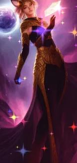 Mystical warrior in purple galactic setting with glowing orb.