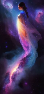 Ethereal woman in a vibrant galaxy, mystical and cosmic mobile wallpaper design.