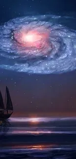 Sailing under a galaxy in starry night sky.