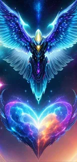 Mystical blue angel with a cosmic heart in a vibrant galaxy setting.