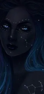 Dark mystical figure with blue galaxy hair and constellations.