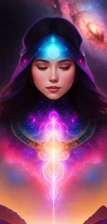 Mystical galaxy art wallpaper with a meditating figure and cosmic energy.