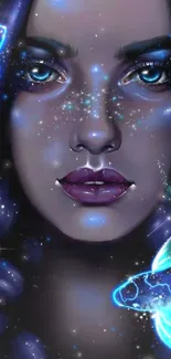 Mystical face with glowing fish in a galaxy theme wallpaper.