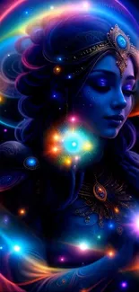 Mystical fantasy character in vibrant galaxy wallpaper design.