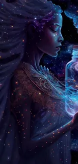 Mystical galaxy artwork with a figure holding a cosmic jar against starry background.