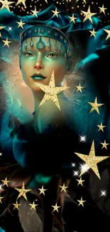 Mystical woman with teal hues and golden stars in a fantasy galaxy wallpaper.