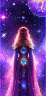 Mystical cosmic princess in a galaxy with vibrant purple hues and stars.