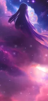 Mystical anime-style galaxy wallpaper with purple clouds.