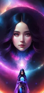 Mystical cosmic artwork with a woman and galaxy elements in vibrant colors.