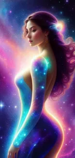 Mystical celestial woman with galaxy backdrop in vibrant colors.