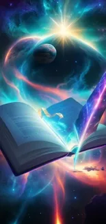 Enchanting galaxy wallpaper with open book and mystical glow.