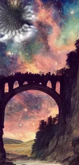 Mystical bridge silhouette under a colorful galaxy sky.