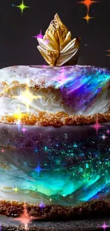 Galaxy-themed cake with iridescent blues and purples on a dark background.