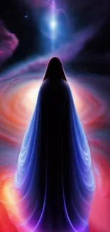 Cloaked figure in a mystical galaxy scene with vibrant cosmic colors.