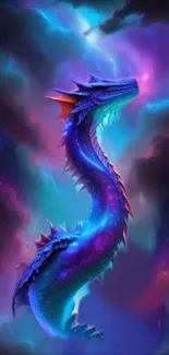 Vibrant dragon in a glowing purple galaxy scene.