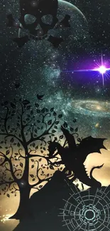 Galaxy wallpaper with dragon, tree, and cosmic elements.