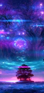 Mystical purple and blue galaxy dreamscape wallpaper with a tree silhouette.