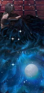 Woman in galaxy dress with starry theme mobile wallpaper.