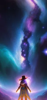 Mystical explorer in vibrant galaxy with colorful cosmic background.