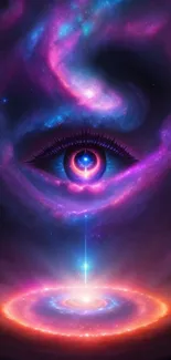 Mystical galaxy eye with vibrant nebula colors and a central cosmic gaze.