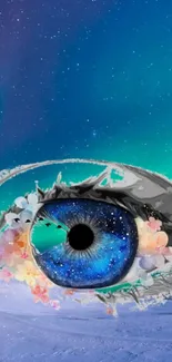 Mystical eye with galaxy and floral accents on a snowy landscape.