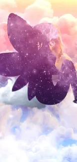 Fantasy wallpaper with fairy silhouette and galaxy clouds.