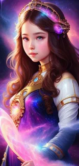 Fantasy artwork of a mystical girl in a colorful galaxy.