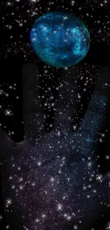 Galaxy themed wallpaper with a starry hand and blue planet.