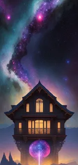 Mystical house under a vibrant galaxy sky with colorful stars and cosmic scenery.