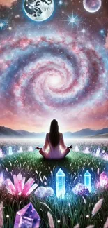 Person meditating under a spiraling galaxy with glowing crystals and a cosmic sky.