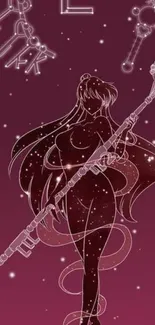 Mystical warrior silhouette with celestial symbols on a galaxy-themed wallpaper.