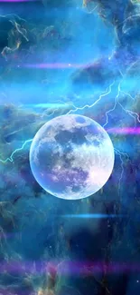 Mystical moon set in a vibrant galaxy background with nebula effects.