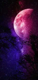 Mystical purple night sky with a prominent pink moon and silhouetted trees.