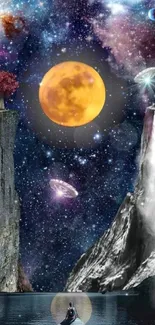 Mystical galaxy mobile wallpaper with moon and cosmic landscape.