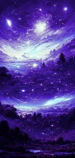 Mystical galaxy nightscape with deep purple hues and starry sky.